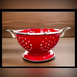 Pottery Barn Red Enamelware Small 1 Quart Colander Berries EUC